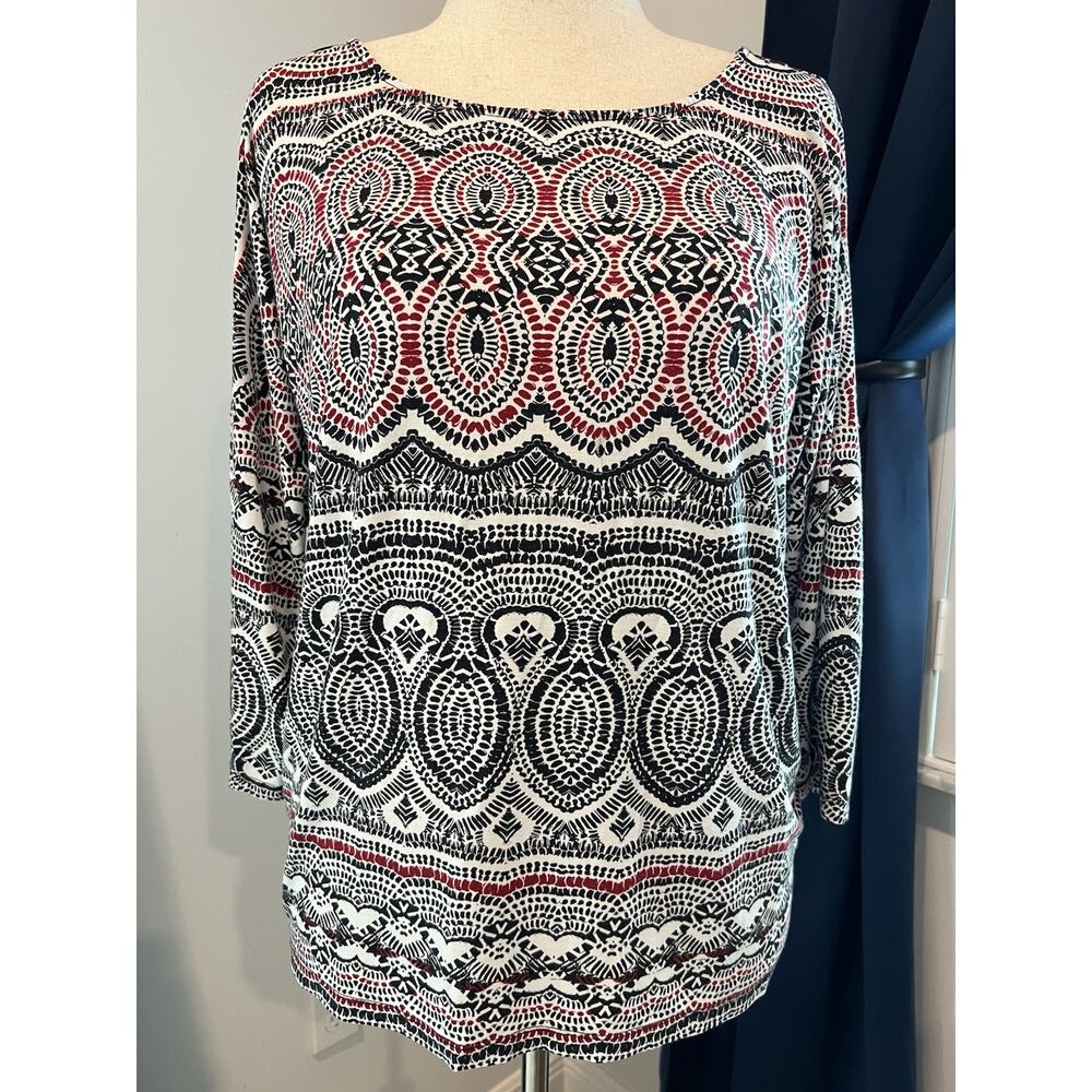 CHICOS Size 3 (16 XL)‎ Red Black White Artsy Paisley 3/4 Sleeve Blouse STRETCHY